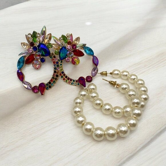 Bright Rhinestone Faux Pearl Festive Earrings 2 Pair - Picture 1 of 9